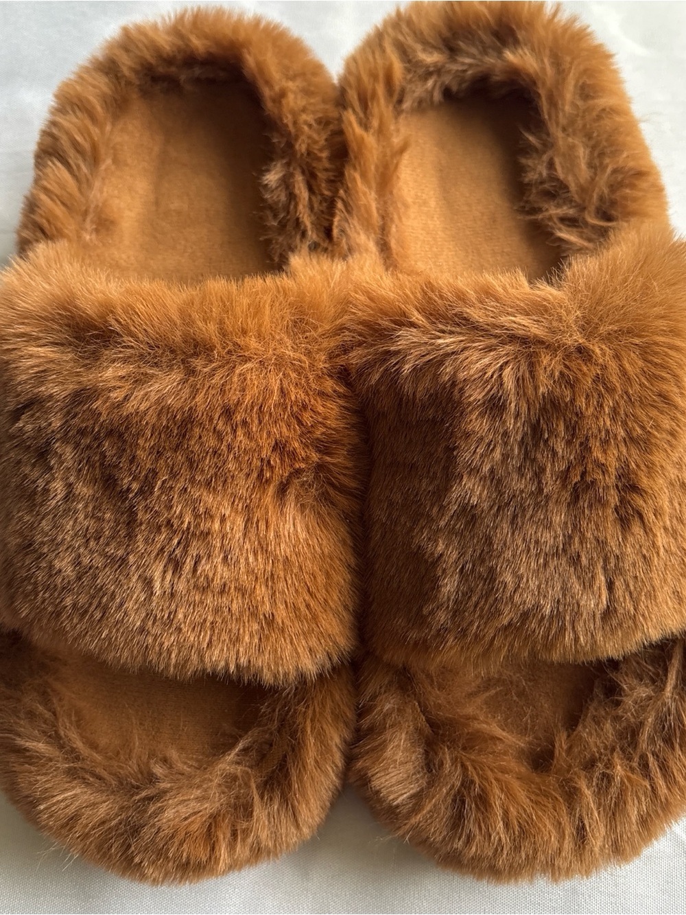 Faux Fur Slide Slippers in Rich Cognac